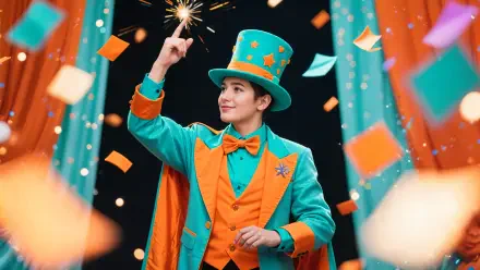 4K Ultra HD PC Desktop Wallpaper and Background: vibrant magician in teal and orange top hat and cape sparks a wand amid flying confetti.