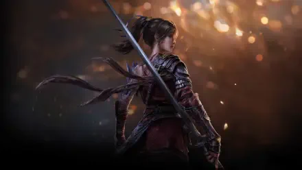 4K Ultra HD PC desktop wallpaper of a samurai girl from the video game Wuchang: Fallen Feathers, poised with a katana against a glowing bokeh battlefield background.