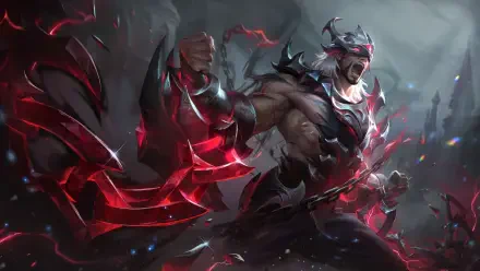 HD PC desktop wallpaper of Sylas from League of Legends in T1-themed dark armor, roaring and wielding glowing red chains amid shattered rubble and swirling embers.