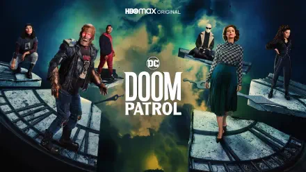 4K Ultra HD PC desktop wallpaper of the Doom Patrol TV show: the ensemble on shattered clock platforms over a stormy green sky with DC logo at center.