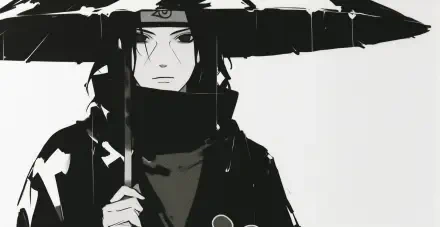 Manga-style HD PC desktop wallpaper of Naruto's Itachi Uchiha: monochrome portrait holding an umbrella, intense gaze, Akatsuki cloak on a stark white background.