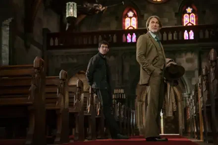 8K Ultra HD PC desktop wallpaper and background from the movie Wake Up Dead Man: A Knives Out Mystery — two coat‑clad figures stand among wooden pews in a dim, stained‑glass church interior.