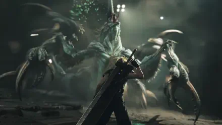 HD PC desktop wallpaper/background: Cloud Strife from Final Fantasy VII brandishing his Buster Sword, facing a towering multi‑limbed creature in a dark video game battle scene.