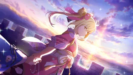 HD PC desktop wallpaper of Aiz Wallenstein from Danmachi: Sword Oratoria (Dungeon ni Deai o Motomeru no wa Machigatteiru), standing on a castle wall as the sun sets over a glowing city.