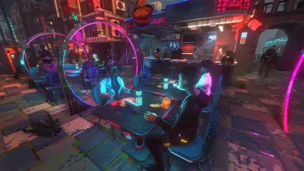 HD PC desktop wallpaper/background: Nivalis video game scene — neon-lit cyberpunk bar with circular glowing booths, patrons and holographic drinks on a rainy futuristic street.
