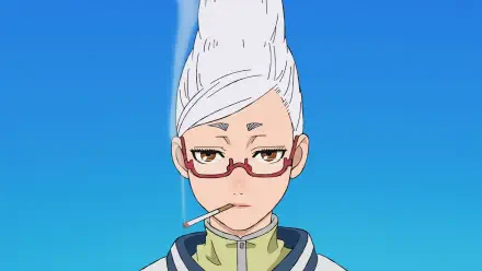 HD PC desktop wallpaper of Seiko Ayase from the anime Dandadan: white hair piled high, red glasses, toothpick in her mouth against a clear blue sky background.