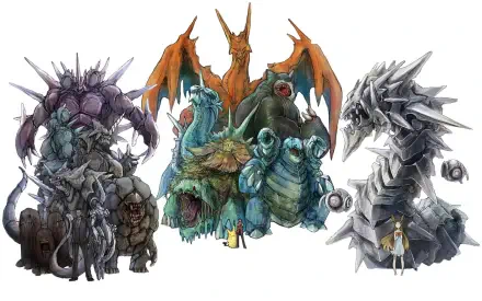 HD PC desktop wallpaper featuring stylized Pokémon—three towering draconic, armored creatures with a small trainer for scale; video game fan-art background.