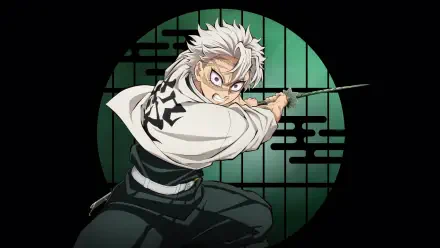 Sanemi Shinazugawa from Demon Slayer: Kimetsu No Yaiba - The Movie: Infinity Castle, crouched with sword ready against a green circular shoji backdrop — 4K Ultra HD PC wallpaper
