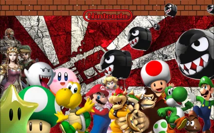 HD PC desktop wallpaper collage featuring Nintendo's Mario characters and other iconic video game figures in a vibrant crossover design.