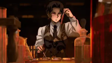 HD PC desktop wallpaper/background of Muzan Kibutsuji from Demon Slayer: Kimetsu no Yaiba — anime scene of him at a dim lab table with vials, adjusting his hair, eyes glowing red.