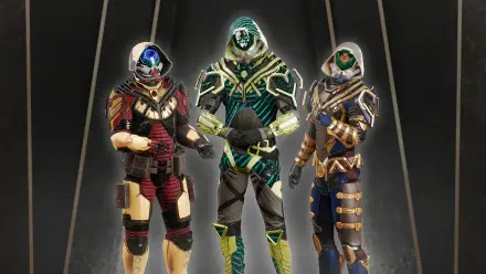 HD PC desktop wallpaper/background for the video game Void Crew: three armored, futuristic crew members in ornate, glowing suits posed against a dark, angular backdrop.