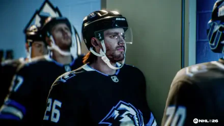 4K Ultra HD PC desktop wallpaper from NHL 26: close-up of a helmeted hockey player in a black #26 jersey in the tunnel, arena lighting and focused expression.