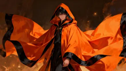 Hooded figure in a billowing orange cloak with black trim, shadowed face and ember-lit surroundings — 4K Ultra HD PC desktop wallpaper and background