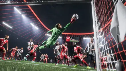 EA Sports FC 26 video game HD PC desktop wallpaper: goalkeeper's dramatic airborne save in a stadium, ball at fingertips, players and net in high-detail background.
