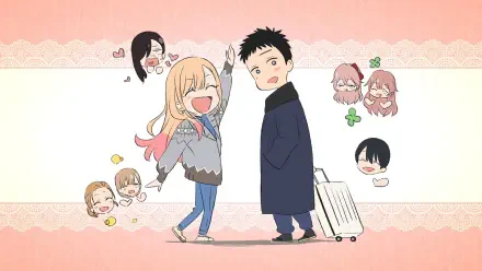 HD PC desktop wallpaper from the anime My Dress-Up Darling: Marin Kitagawa happily holding Wakana Gojo's hand as he pulls a suitcase, surrounded by playful chibi doodles.
