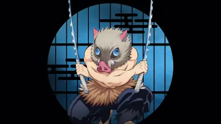 Demon Slayer: Kimetsu no Yaiba 4K Ultra HD desktop wallpaper — Inosuke in his boar mask clutching ropes, crouched before a blue, moonlit shoji window.