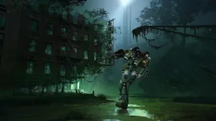 Robotech New Generation Mospeada Cyclone mech strides through misty, overgrown urban ruins, reflecting in shallow water — 4K Ultra HD PC desktop wallpaper background.