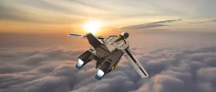 Robotech/Macross 4K Ultra HD PC desktop wallpaper/background: a transforming fighter jet soaring above a cloud layer at sunrise with glowing blue thrusters.