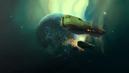 Robotech/Macross 4K Ultra HD PC desktop wallpaper background showing two green capital ships flying past a cracked blue planet beneath glowing auroras in deep space.