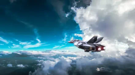 8K Ultra HD PC desktop wallpaper/background: Robotech/Macross variable fighter soars above sunlit clouds beneath a vivid blue sky.