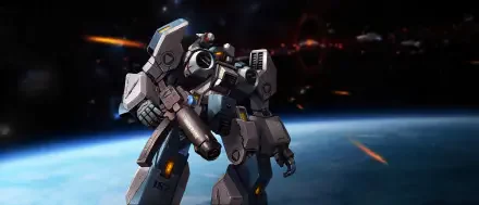 Robotech Macross 4K Ultra HD PC desktop wallpaper: heavily armored mecha surveying Earth from orbit amid distant battle flashes and glowing thrusters.