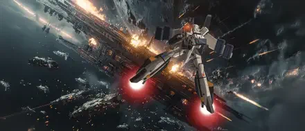 Robotech/Macross 4K Ultra HD PC desktop wallpaper and background: transforming Valkyrie fighter with glowing red thrusters flies past a burning carrier amid explosions and debris in deep space.