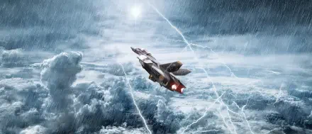 Robotech/Macross variable fighter plunging through storm clouds and lightning — dramatic 4K Ultra HD PC desktop wallpaper background