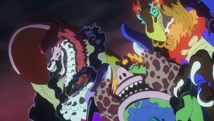 Anime One Piece 4K Ultra HD PC desktop wallpaper depicting monstrous devil-fruit transformations: vivid swirling colors, snarling faces, flames and strange oceanic energy.