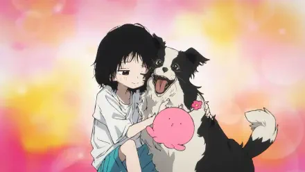 Anime HD PC desktop wallpaper from Takopi's Original Sin: a girl hugs a border collie dog and a pink plush toy against a dreamy pastel background.
