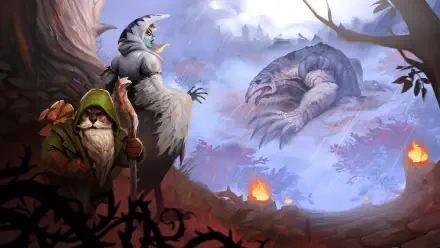 Against the Storm — 4K Ultra HD PC Desktop Wallpaper and Background: hooded gnome and giant bird face a colossal armored beast looming over a misty, ember-lit forest.