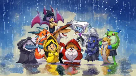 Against the Storm — 4K Ultra HD PC desktop wallpaper and background showing chibi adventurers and animal companions in colorful raincoats standing on a rainy, reflective street.