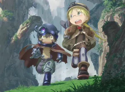 HD PC desktop wallpaper of Riko and Regu (Made in Abyss) racing across a sunlit cliffside, laughing and holding hands as friends on an adventure.