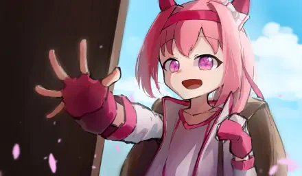 Haru Urara (Uma Musume: Pretty Derby) — pink-haired anime girl with horse ears, smiling and reaching out against a blue-sky backdrop; 8K Ultra HD PC desktop wallpaper.