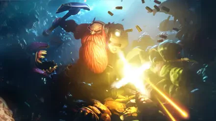 HD PC desktop wallpaper for the video game Deep Rock Galactic: Survivor — bearded dwarf in heavy armor firing a shotgun amid glowing cave tunnels, flying shell casings and scrambling alien creatures.