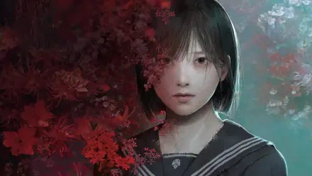 Silent Hill F video game 4K Ultra HD PC desktop wallpaper: eerie portrait of a schoolgirl in a dark sailor uniform half-hidden by red blossoms and teal mist.
