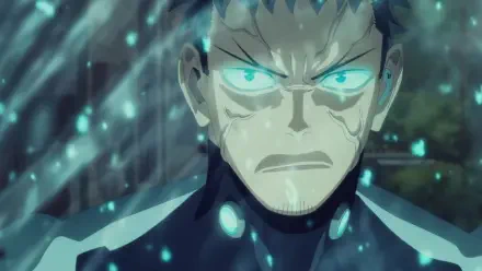 Anime HD PC desktop wallpaper/background featuring Kafka Hibino from Kaiju No. 8 — intense close-up with glowing cyan eyes, rain-soaked face and teal particle effects.