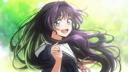 Anime HD PC desktop wallpaper of Kaoruko Waguri from The Fragrant Flower Blooms With Dignity: windswept, smiling schoolgirl with long purple hair against a bright green sunlit background.