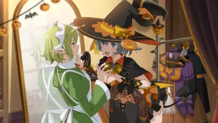 HD PC anime wallpaper from Is It Wrong to Try to Pick Up Girls in a Dungeon? showing Ryu Lion as a witch and Syr Flova in a maid outfit in a Halloween-decorated room.