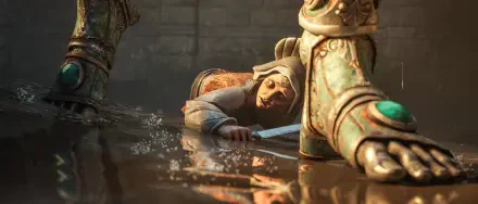 Cinematic scene from the video game Crisol: Theater of Idols — hooded figure on a reflective wet floor clutching a dagger beneath an ornate armored sentinel. 2K Quad HD PC desktop wallpaper.