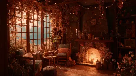 Cozy autumn 4K Ultra HD PC desktop wallpaper: warm living room with glowing fireplace, armchair, books, string lights and a sunlit window framed by fall foliage.