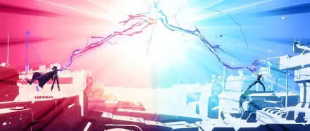 2K Quad HD PC desktop wallpaper from TV show Star Wars: Visions — two silhouetted duelists on rooftops unleash converging red and blue energy beams across a split lightscape.