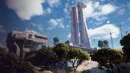 ARC Raiders TV show 4K Ultra HD PC desktop wallpaper and background: futuristic skyline with a tall glass spire, concrete platforms and leafy trees beneath a bright blue sky.