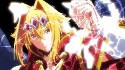 HD PC wallpaper of Lufas Maphaahl from A Wild Last Boss Appeared! — golden-haired, jewel-crowned sorcerer raising a crackling magical fist amid bright, fractured light