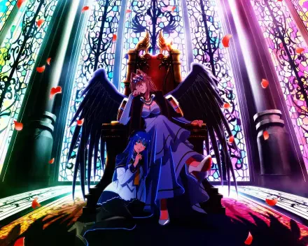 HD PC wallpaper: anime scene from A Wild Last Boss Appeared! — Lufas Maphaahl crowned on a throne with black wings, Dina kneeling at his feet in a stained-glass cathedral as rose petals fall.