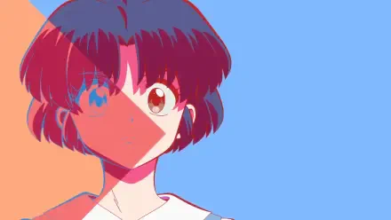 HD PC desktop wallpaper of Akane Tendo (Ranma ½): close-up anime portrait with short dark hair and bold red-and-blue duotone lighting against a pale blue background.