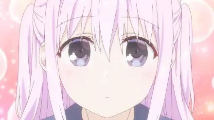 HD anime wallpaper: close-up of inexpressive Kashiwada (from Inexpressive Kashiwada and Expressive Oota), pale pink hair, large gray eyes, soft pink bokeh background.