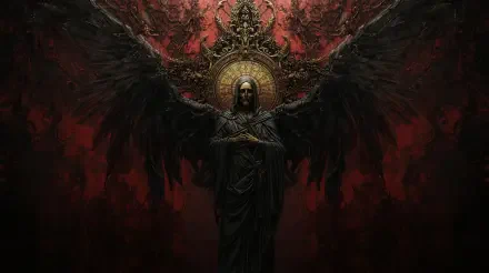 Dark aesthetic wall art showing a hooded, winged figure with ornate halo and outstretched black wings against a blood-red textured background — 2K Quad HD PC desktop wallpaper.