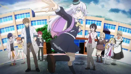 Anime HD PC desktop wallpaper: Alma (Alma-chan Wants to Be a Family!) reaches out playfully as classmates and teachers pose before a bright school building.