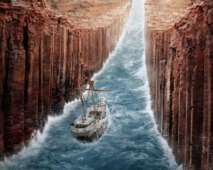 2K Quad HD PC desktop wallpaper and background — TV show One Piece (Live Action): a ship plows turbulent blue waters through a narrow canyon of towering red cliffs, sunlight breaking above.