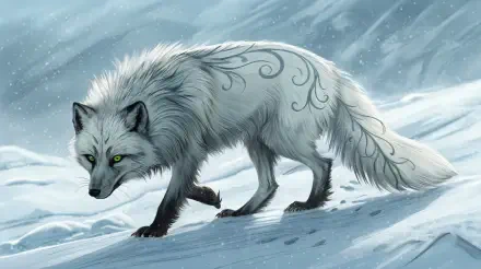 4K Ultra HD PC desktop wallpaper: white arctic fox with subtle swirling markings and green eyes trotting across a snowy, wind-swept landscape.